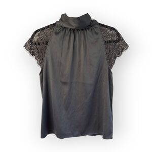 Sleeveless Satin Turtleneck with Lace Trim - Charcoal - Size Small